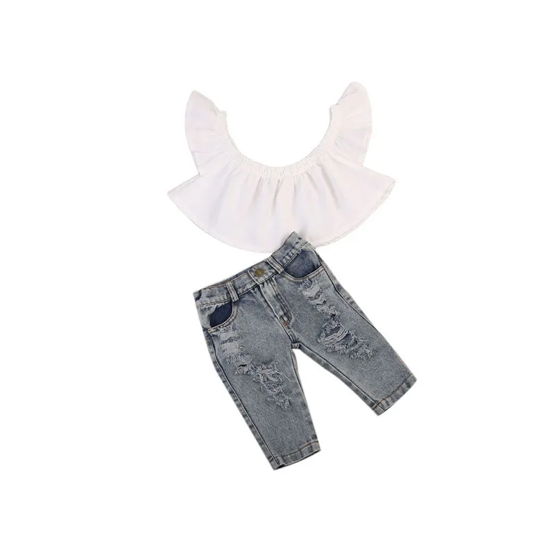 

2017 Fashion Casual Newborn Toddler Baby Girls Short Sleeve Off Shoulder Pullover White Shirt Tops Denim Pants Outfit Summer