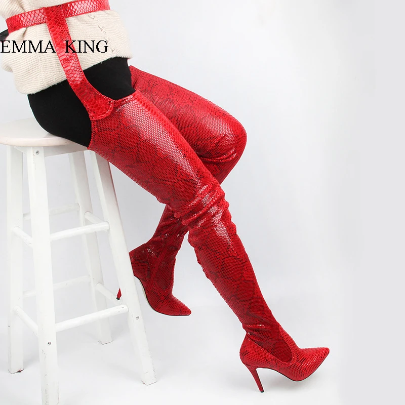 red thigh high boots with belt