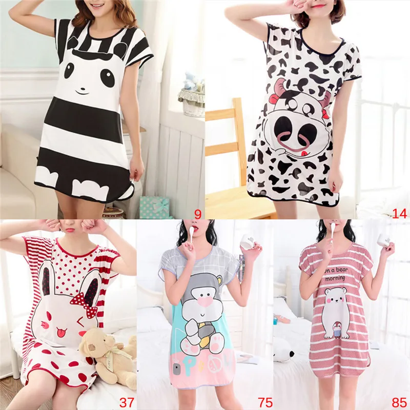 

Short Sleeve Casual Night Shirt Sleepwear Nightwear Home Dress Women Nightgown Cartoon Polka Dot Bear Panda Rabbit Sleepwear