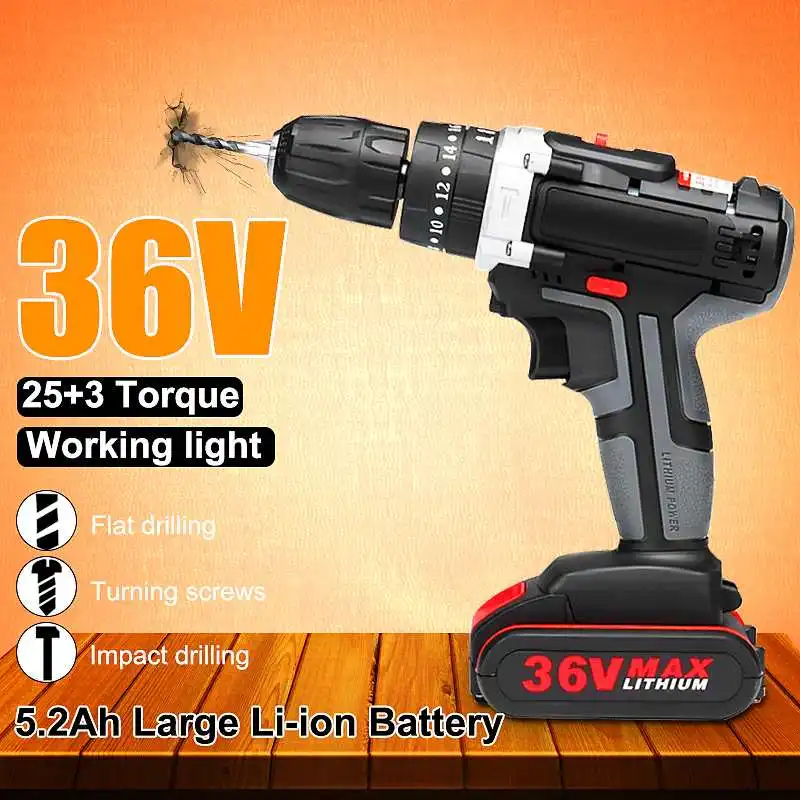 

New 25+3 Torque 36V Cordless Electric Impact Drill Li-ion Battery Screwdriver LED Working Light DIY Hand Flat Drill Power Tools