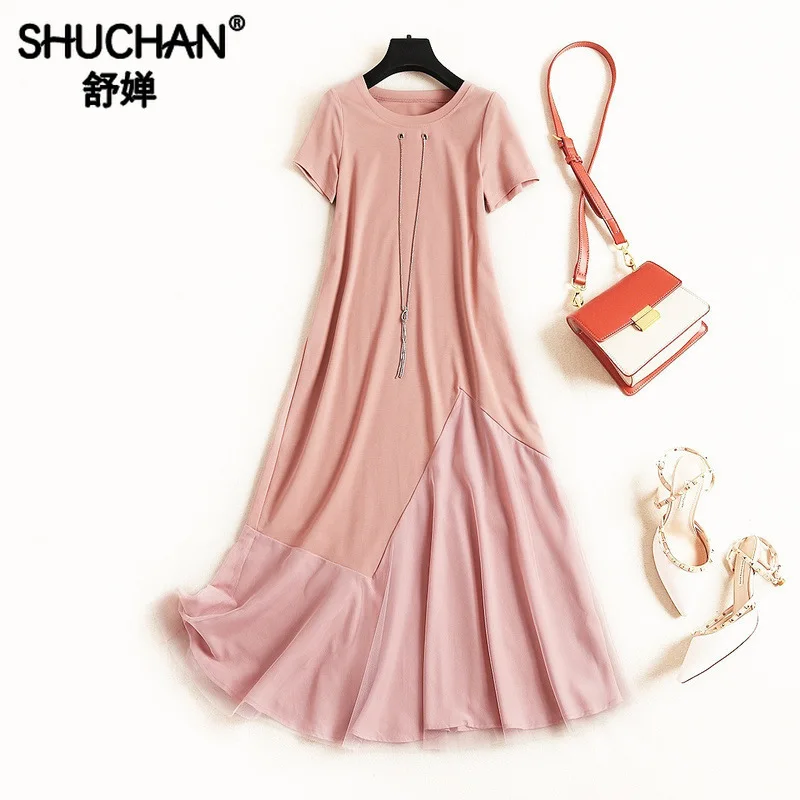 

Shuchan Pink Black Casual Dress for Women A-Line Patchwork O-Neck Vestidos Casuales Moda 2019 Mid-Calf Summer Clothing 11542