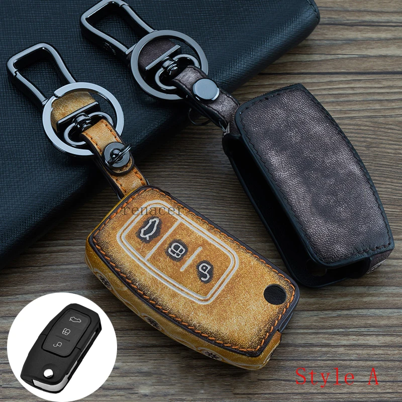 

Antique wood grain leather + alloy car key cover case ring Keychain For Ford New Focus Fiesta Ecosport kuga