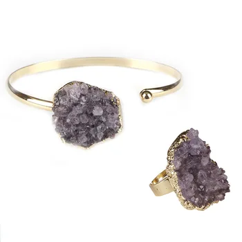 

rough raw surface amythests purple stone bead charm gold ban wrap open adjustable finger ring bangle cuff for women jewelry set