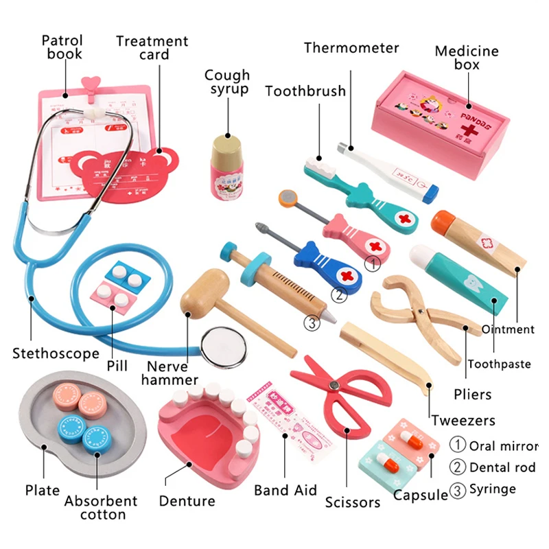 Деревянные игрушки Logwood, забавная игра, настоящая жизнь, косплей доктора, игра, игрушка для стоматолога, медицинская коробка, игра для доктора, 24 шт., набор для детей