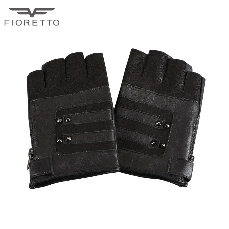 Fioretto, без пальцев, кожаные перчатки, пэчворк, для вождения, перчатки для мужчин, натуральная кожа, половина пальца, модные перчатки, черный, коричневый - Цвет: Black