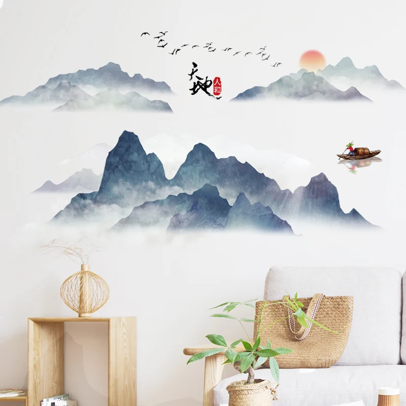 Китайский стиль, чернила, пейзаж, живопись, наклейка на стену, гостиная, задний план, украшение стены, сделай сам, креативная спальня, обои, наклейка