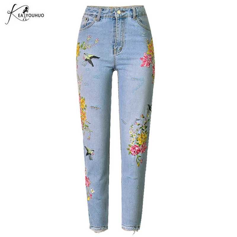 Осень вышитые цветы на джинсах женские брюки деним мама джинсы для женщин в стиле бойфренд Высокая талия прямые джинсы Femme брюки