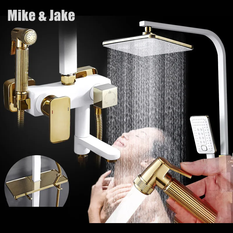 Набор для душа из белого золота, четыре функции, квадратный настенный душ, белый смеситель для ванной комнаты с биде, ванной, душевой кран Mike& Jake - Цвет: white gold
