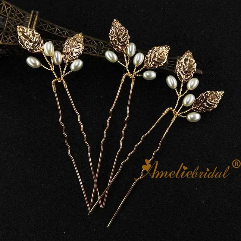 Wedding Hair Jewelry Bridal Bobby Pin Gold Leaf and Pearl Charm Hair