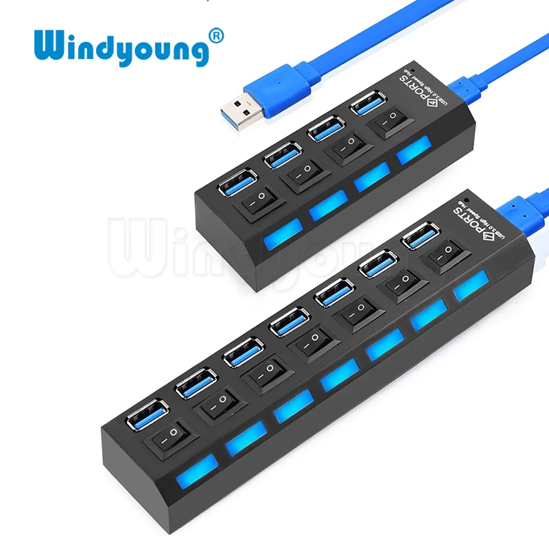 Windyoung USB Hub 3,0 высокое Скорость 7 Порты и разъёмы USB 3,0 концентратор с EUPower адаптер многопортовый usb-адаптер ВКЛ/ВЫКЛ для ноутбука MacBook