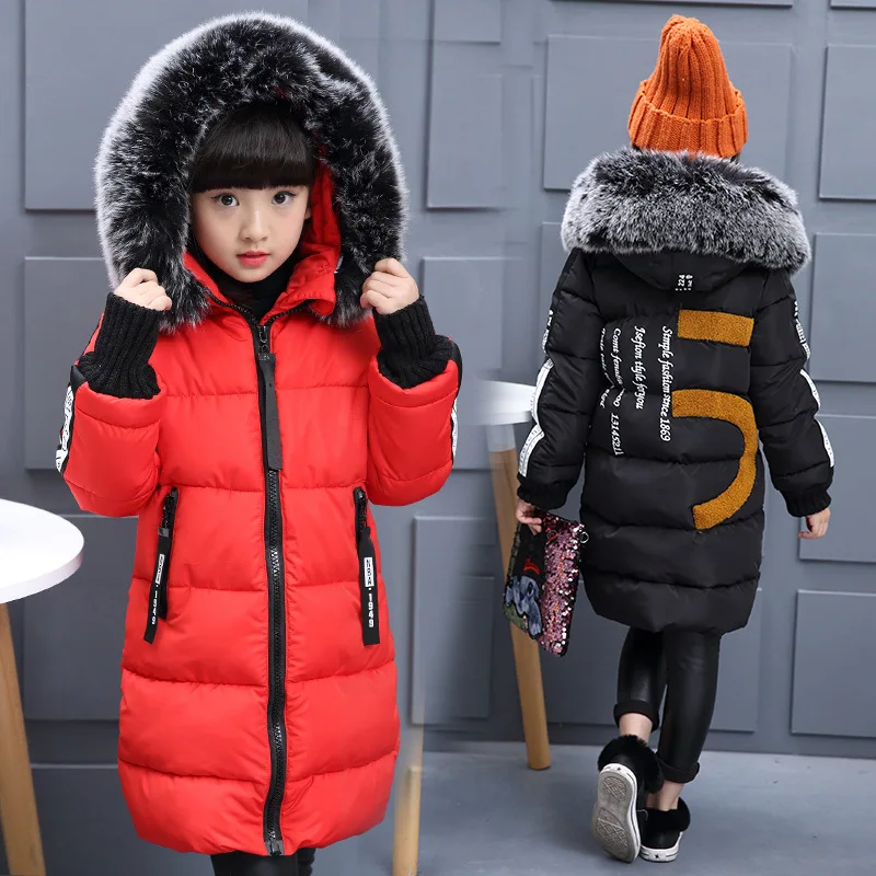 Утепленная теплая куртка с капюшоном для девочек детская одежда новые зимние хлопковые куртки для девочек модное пальто с буквами и меховым воротником для девочек
