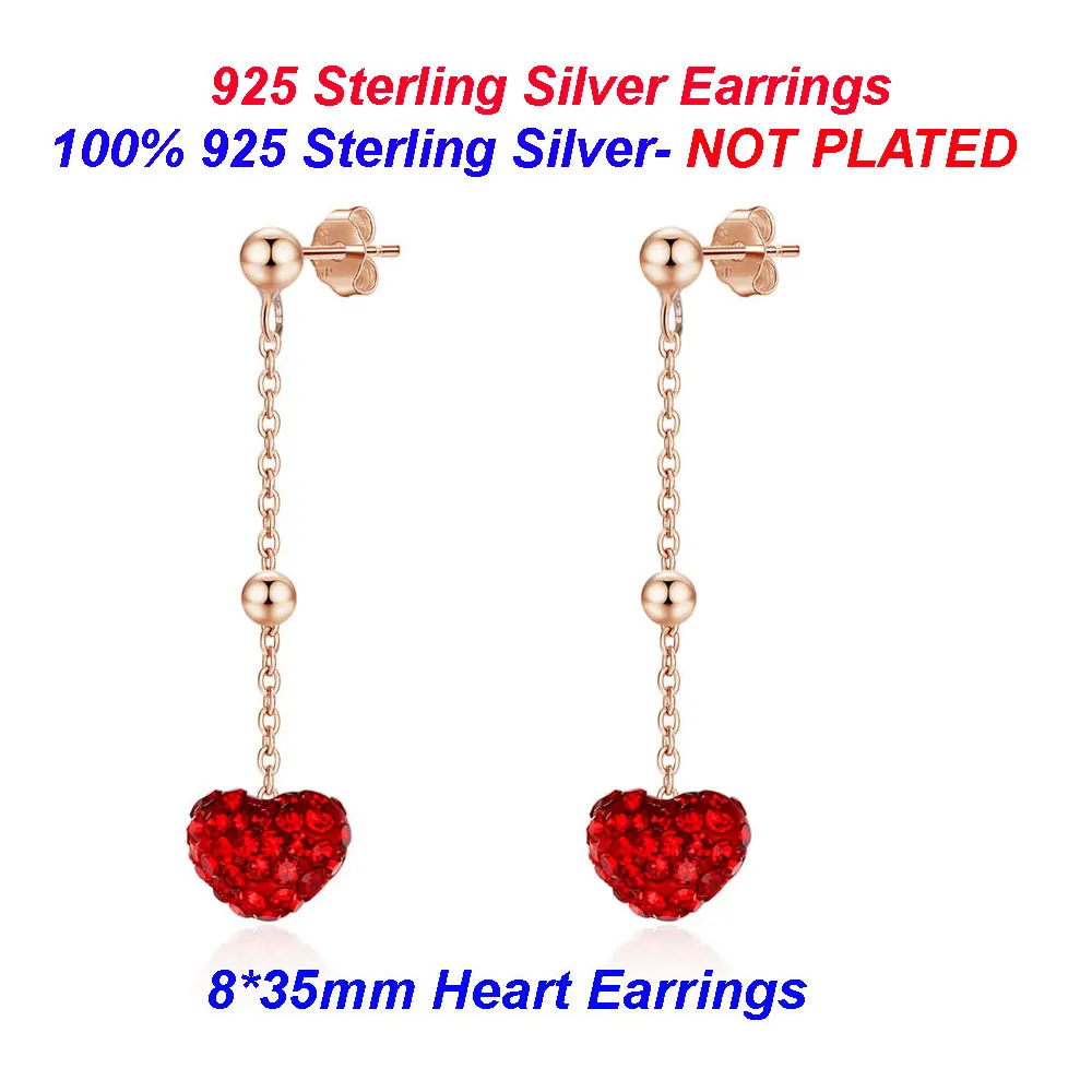100% 925 Sterling Silver Heart Stud Earring Vnistar Red Crystal Heart Ear Studs Wholesale Women Silver Stud Earrings