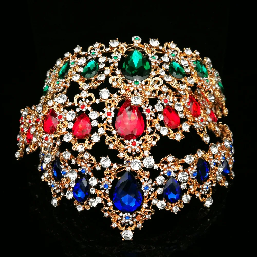 Baroque Crown Red Blue Green Crystal Bridal Tiaras Crown Vintage Gold Hair Accessories Wedding Rhinestone Diadem Pageant Crowns