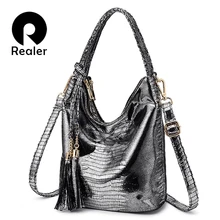 REALER женская сумка с короткими ручками из искусственной кожи, сумочка через плечо с кисточкой для женщин, модная дизайнерская сумочка на плечо с змеиным принтом для девушек