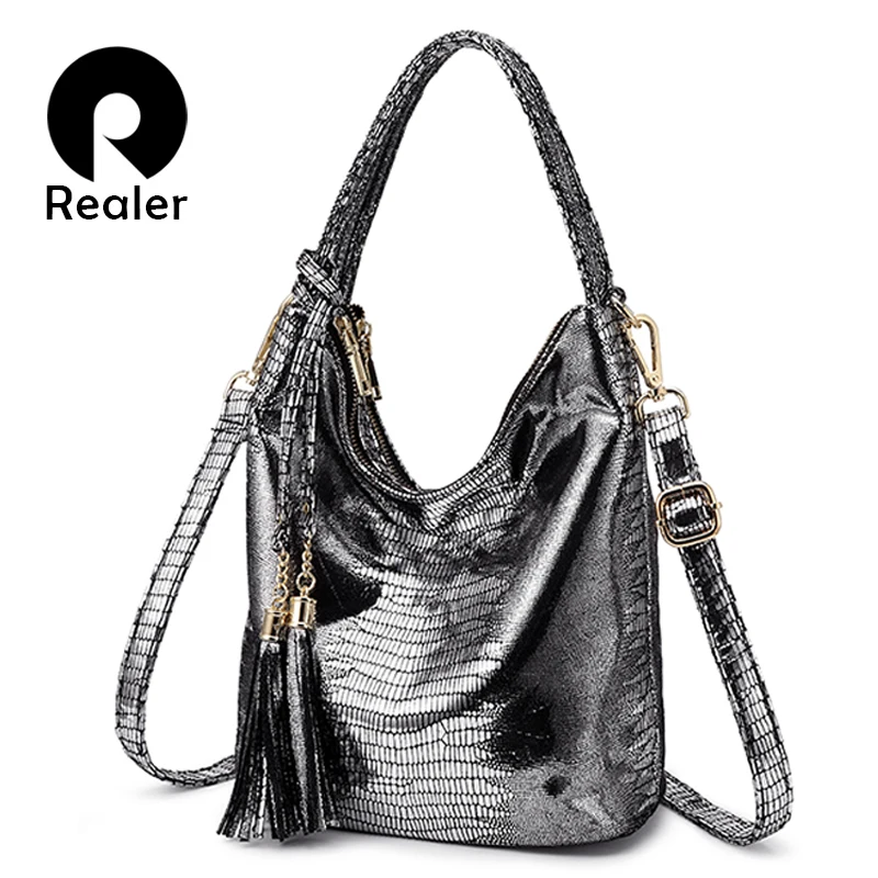 

REALER women shoulder bag handbags female casual totes PU serpentine print good quality big capacity with tassel silver gold