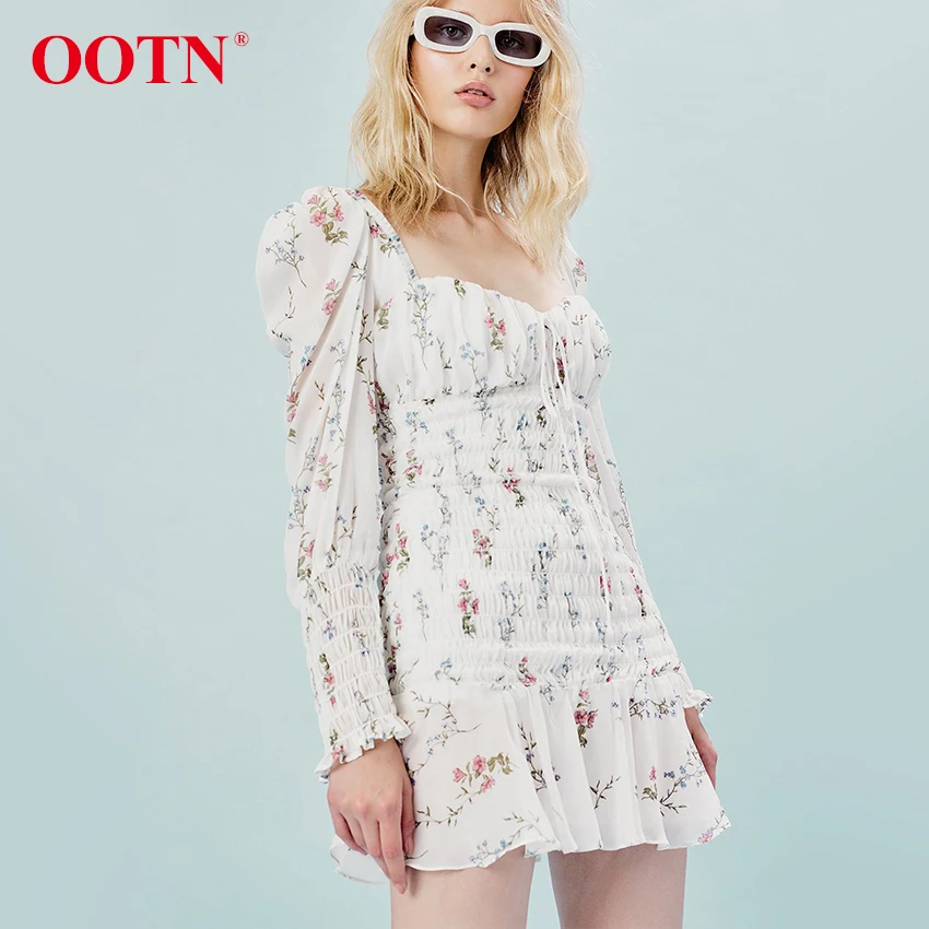 OOTN белый цветочный принт бохо платье с длинным рукавом сексуальное шифоновое мини-платье сексуальное эластичное Ruched Талия женское пляжное летнее платье