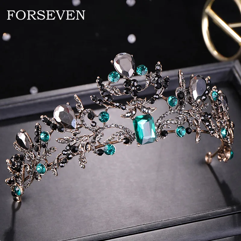 

New Arrive Vintage Black Crown and Tiaras Wedding Head Ornaments Green Crystal Tiaras Bridal Diadem Crown Wedding Headpieces