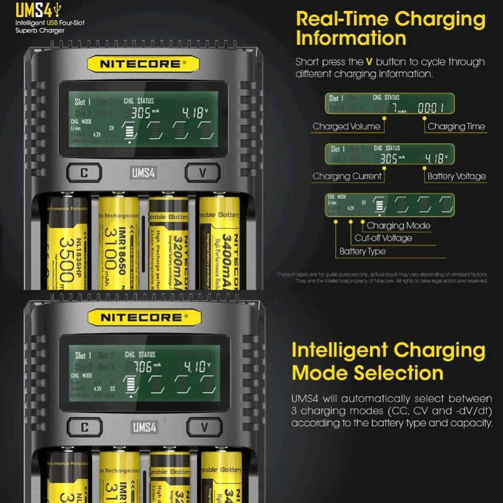 NITECORE UMS2 UMS4 UM2 UM4 SC4 интеллигентая(ый) QC Зарядное устройство для 18650 16340 21700 20700 22650 26500 18350 aa aaa Батарея Зарядное устройство