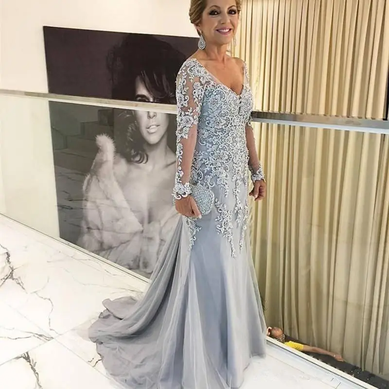 Elegant Mother Of The Bride Dress Long Sleeves Gray Mermaid Lace