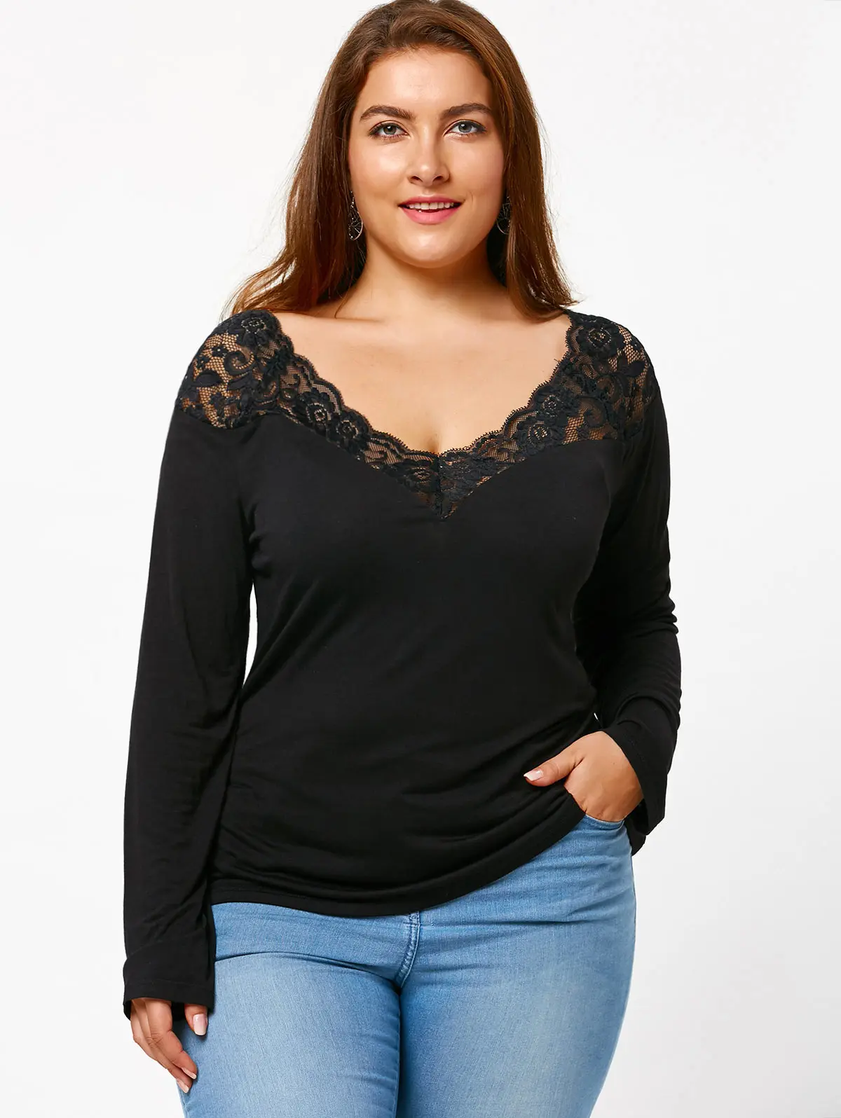 Gamiss 2018 New 5XL Plus Size Black Ladder Cutout Floral Lace Trim