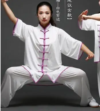 Китайский костюм кунг-фу тайцзи, Костюм тайцзи, униформа для боевых действий, ушу Шао лин, мужская и женская одежда, утренние тренировочные костюмы - Цвет: White Purple Edge