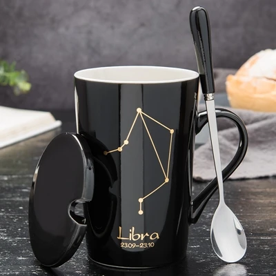 12 созвездий керамическая кружка для кофе с молоком 420 мл многоразовая офисная чашка с ложкой для чая черный фарфор посуда для бара подарок - Цвет: Libra