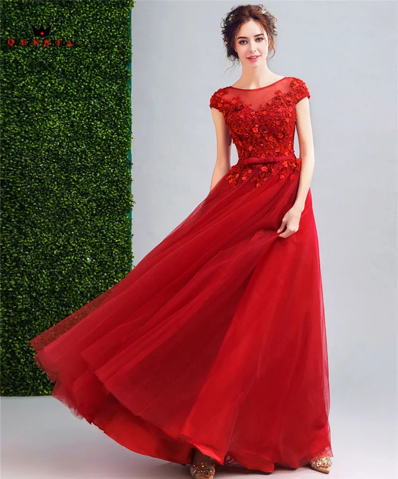 Королевские свадебные красные вечерние платья трапециевидной формы с кружевом и бусинами и жемчужинами длинное фатиновое торжественное вечерние платья Новое праздничное платье LS79A