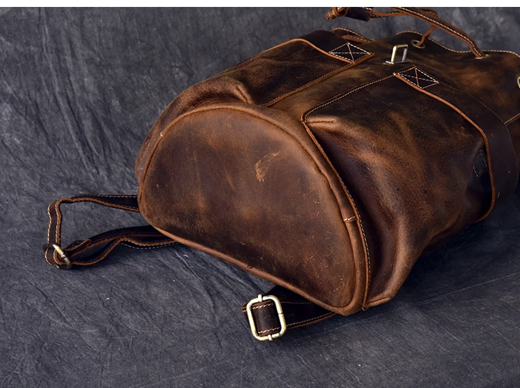 Bottom View of Woosir Genuine Leather Drawstring Bucket Vintage Backpack