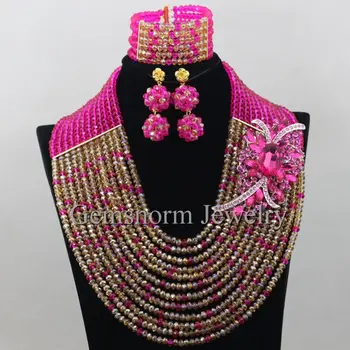 

Romantic Gold African Nigerian Wedding Bridal Jewelry Sets 12 Layers Fashion Fuchsia Pink Brides Jewelry Set Free Shipping WA150