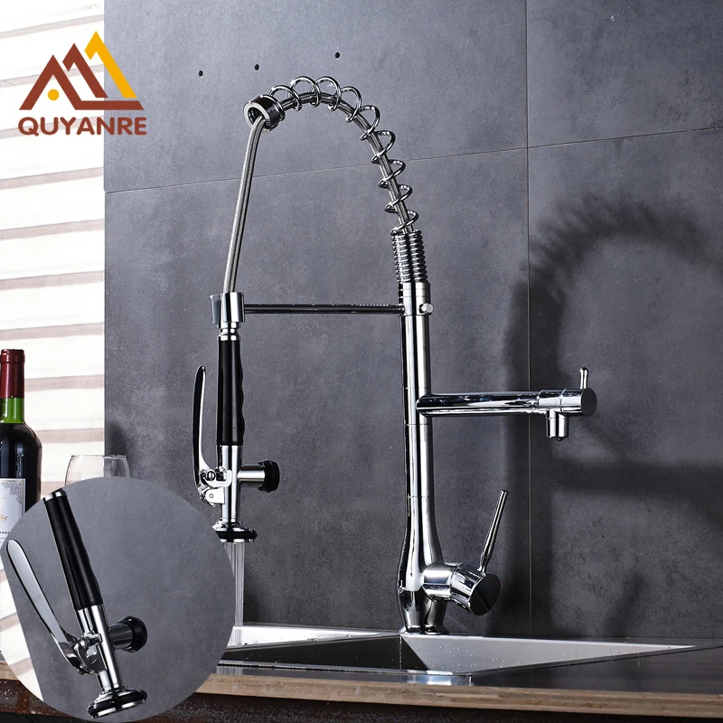 Chrome Finish Spring Kitchen Faucet Two Swivel Spouts Mixer Tap Hot and Cold Water Faucetspring