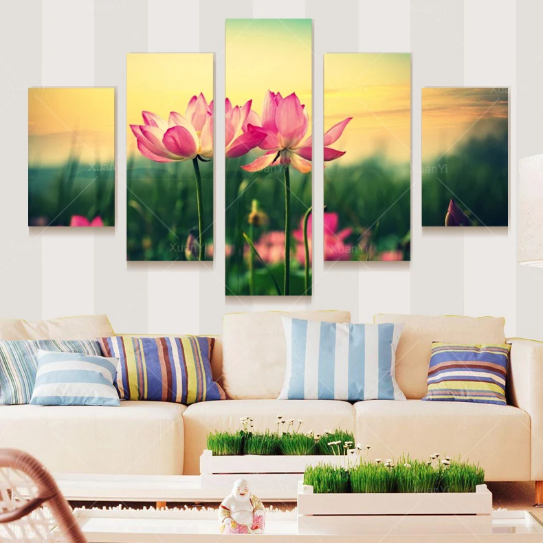 Oil Painting 5 Panel Graceful Lotus Flower Painting Canvas Picture