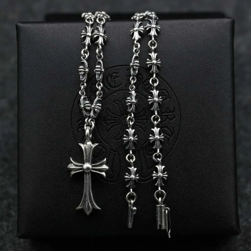 

S925 Sterling Silver Cross Pendant Fashion Male And Female Retro Thai Silver Accessories Long CH Sweater Necklace