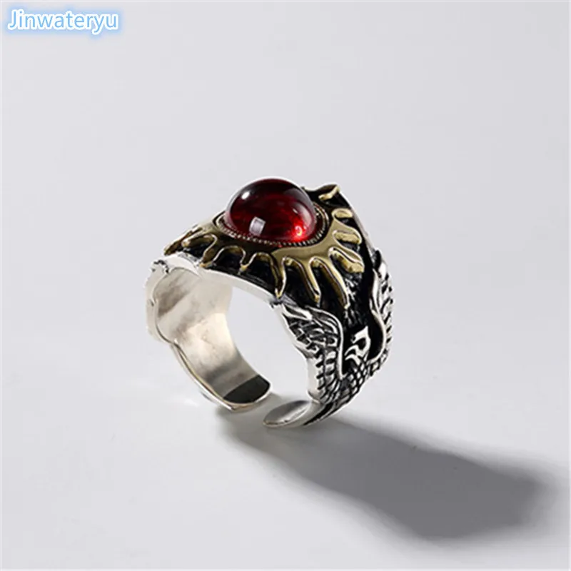 Jinwateryu модные украшения мужские 925 Серебряное кольцо с красным камнем golen sun god кольца Helios кольцо