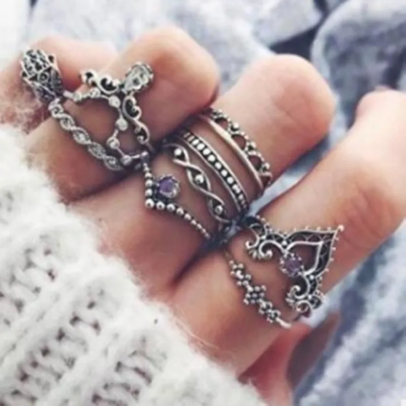 

2018 New Fashion 10Pcs/Set Bohemian Hollow Water Drop Pattern Vintage Crystal Beidou Seven Stars Fatima Hand Ring For Women gift