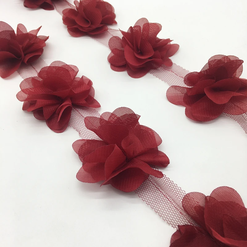 

13pcs/yard 3D Deep red Chiffon Cluster Flowers Wedding Dress Bridal Fabric Lace Trim Fabric DIY Sewing