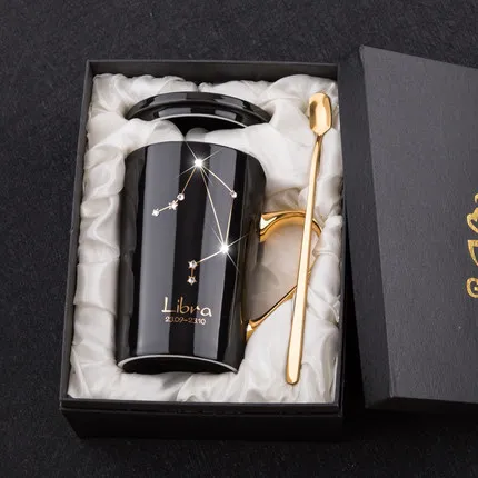 Comprar 12 onzas creativo diamante taza de café de cerámica taza de té de porcelana con oro pintado como regalo con tapa y cuchara