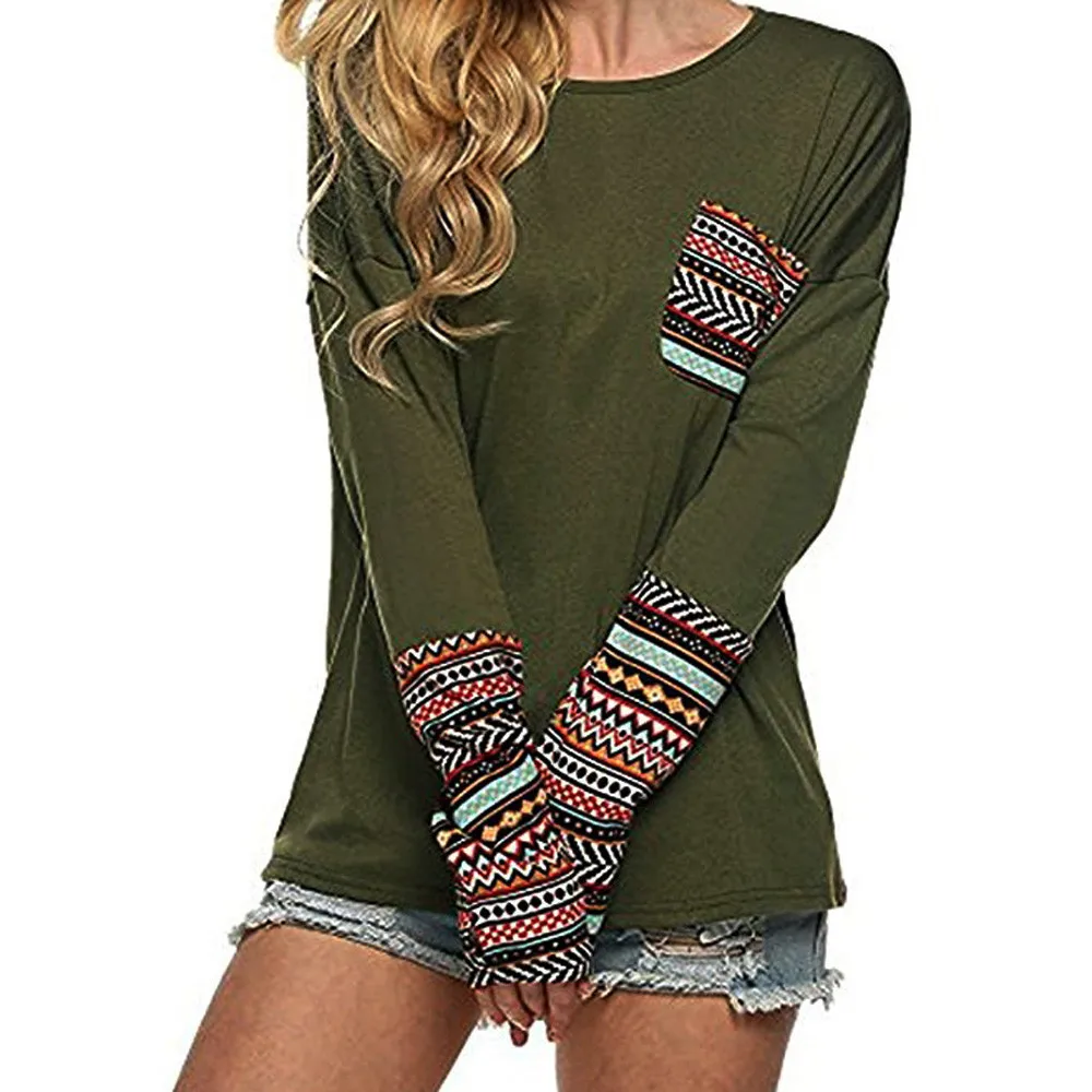 Cropped Feminino 2018 Spring Women's Patchwork Casual Loose T-shirts Autumn Ladies Long Sleeve Crewneck Pocket Tee Tops #YL