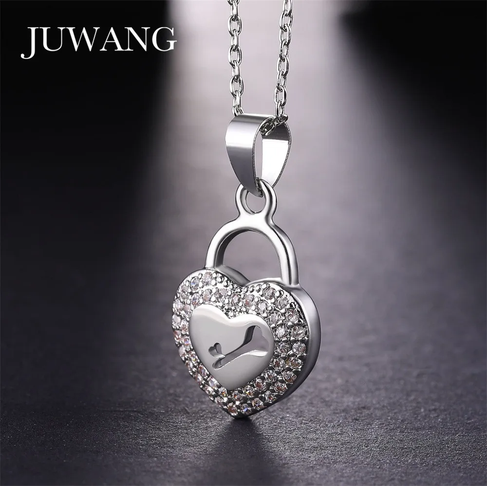 

JUWANG Heart Shape Lock Key Cubic Zirconia Pendant Necklace for Woman Girl Sliver Color Fashion Jewelry Wholesale