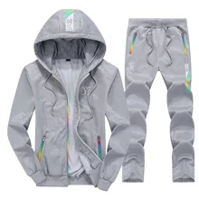 Модный бренд Для мужчин спортивной осень-зима Для мужчин комплект на молнии с капюшоном длинный рукав футболка+ брюки комплект из 2 частей Повседневная Верхняя одежда