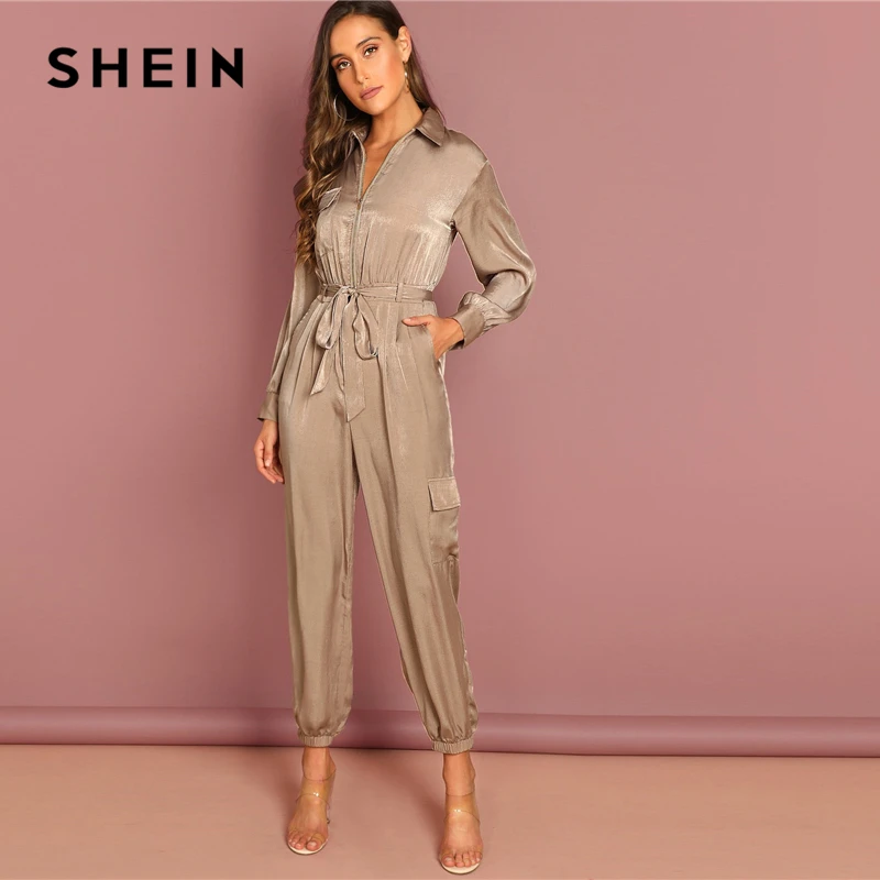 Buy SHEIN Khaki Elegant Zip Up Belted Pocket Collar