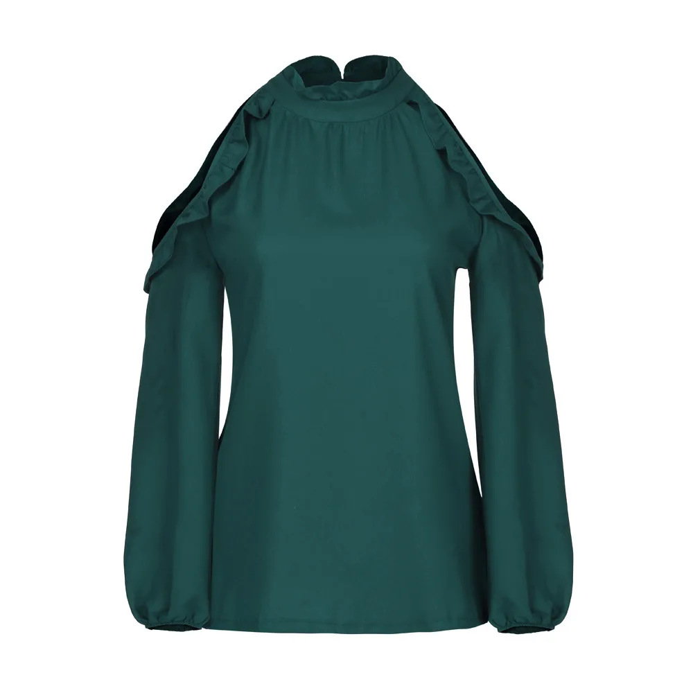 Женская мода, одноцветная, с оборками, полный рукав, с гофрированным воротником, топы, блузка, 0710