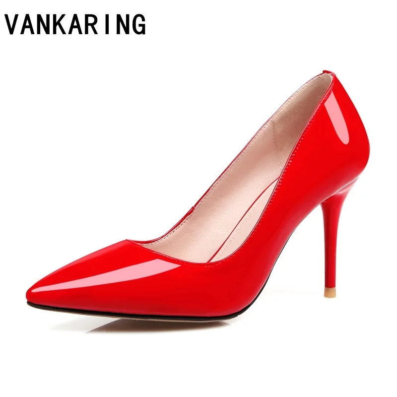 

VANKARING new fashion autumn women pumps sexy genuine leather high thin heels pointed toe black red office ladies dress pumps