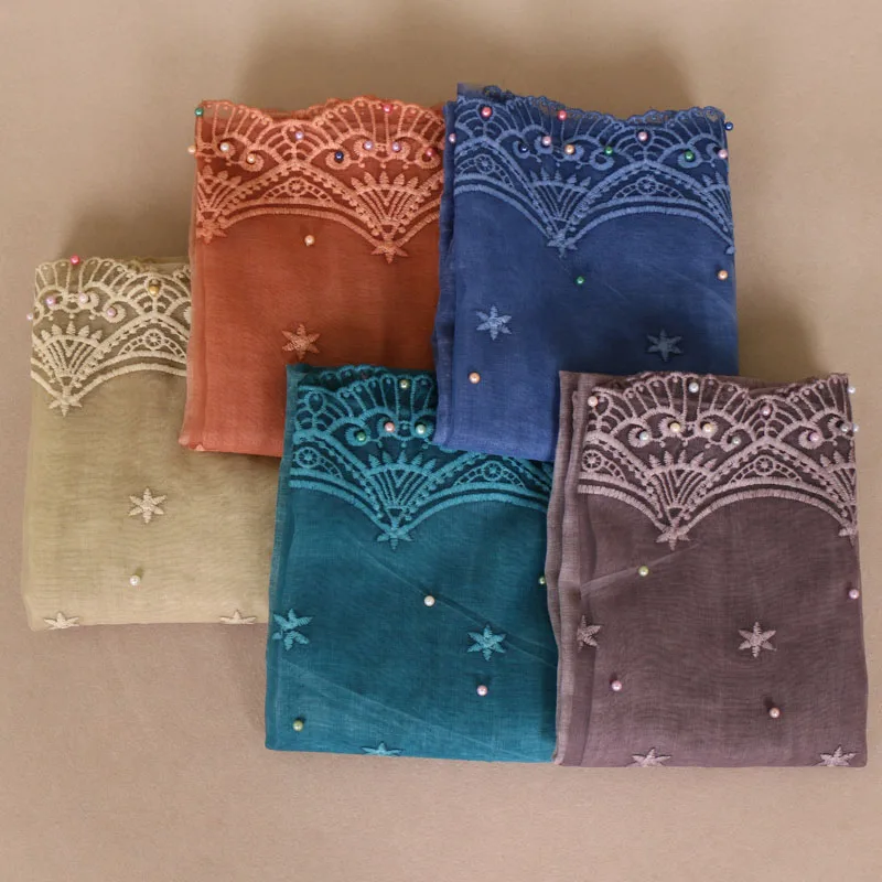 

2018 Autumn Winter Plain Lace Floral Beads Viscose Shawl Scarf Women Fashion Pleated Wraps Pashmina Stole Muslim Hijab 180*75Cm