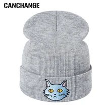 Модная зимняя женская шапка, мужские милые шапочки с рисунком кота, унисекс, Повседневные вязаные зимние шапочки, теплая хлопковая женская шапка
