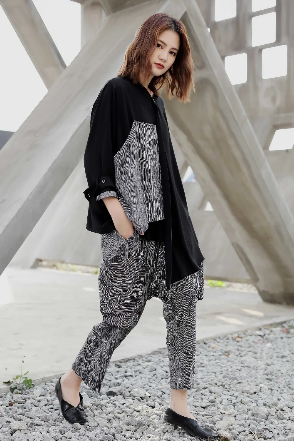 Deux Printemps Rayé Et Femme Haut 2019 Nouveau D'été Pantalons Pièces Personnalité Grande Ensemble Black Taille Asymétrique Suspendus qwORCHE