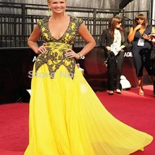 Платье знаменитостей А-силуэт v-образный вырез вышитый бисером короткий рукав кружева желтый шифон Длина пола подсчет Поезда вечерние выпускные платья