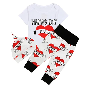 

New Arrival Infant Girl Boys Baby Heart Printed Tops Short Sleeve Romper Pants Hat 3Pcs 2019 Newborn Cute Clothes Outfits Set
