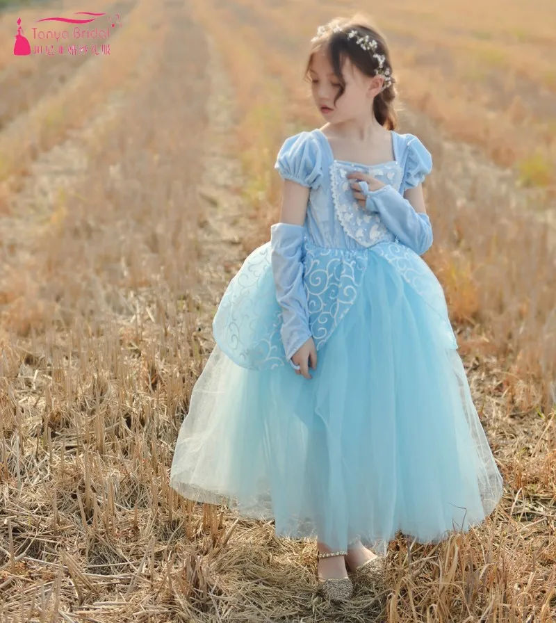 Light Sky Blue Flower Girls Dresses Fairy princess vestidos de primera comunion robe mariage fille ZF097