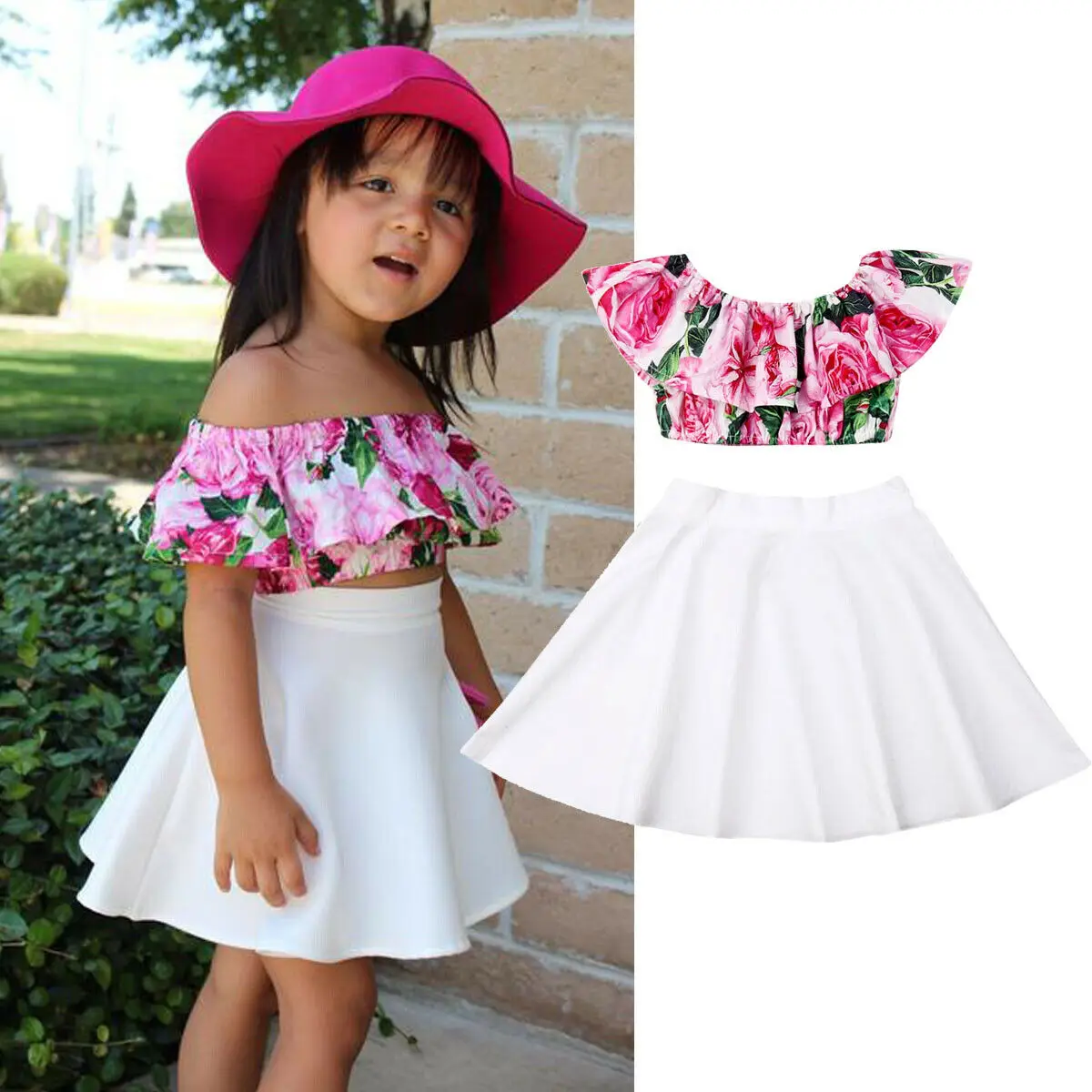 

2Pcs Set Toddler Baby Girls Summer Clothes Off Shoulder Pink Floral Print Tops and Solid White Skirt arrival Sweet Outfits Set