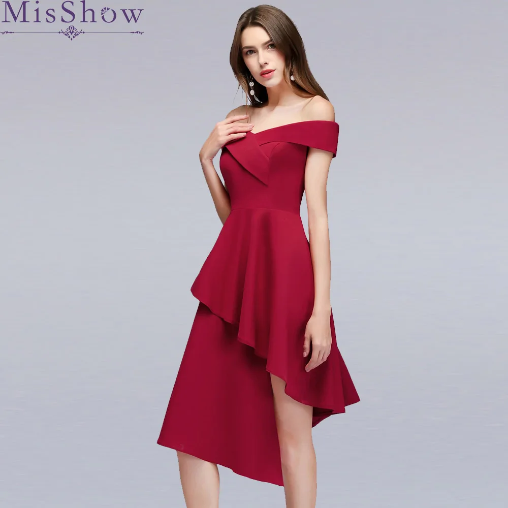 

Sexy Burgundy high Low Cocktail Dresses Elegant Short Reflective Dress Formal Dress Off The Shoulder Dress Women Short Prom Gown
